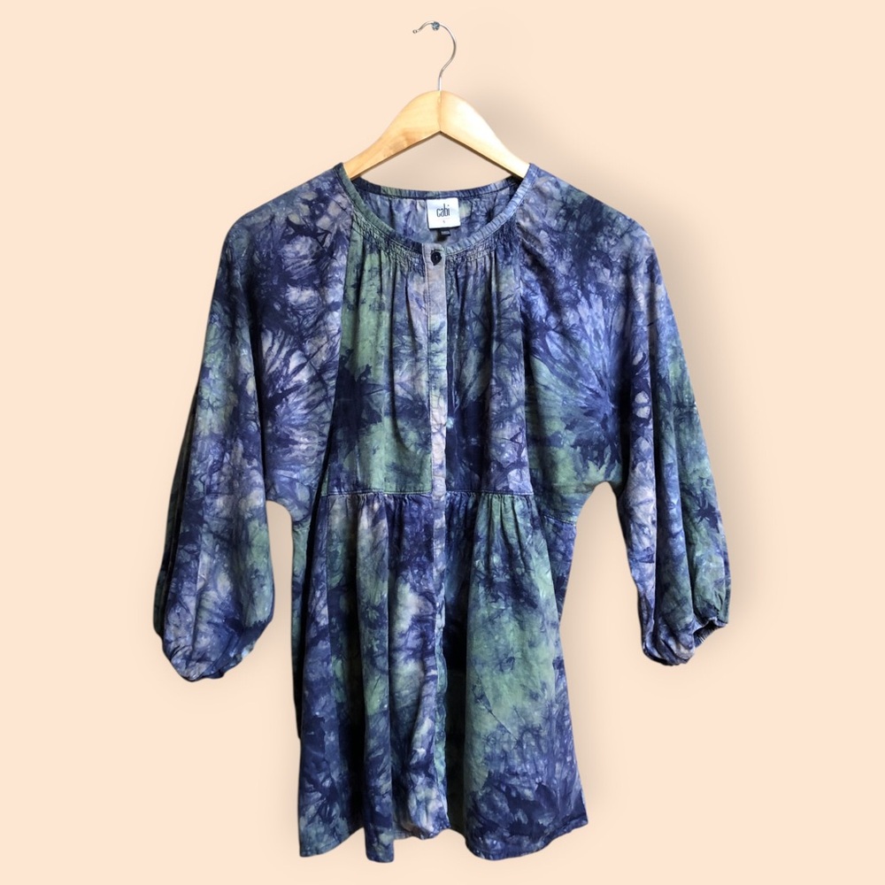 CAbi Woodstock Tie Dye Blue Green Linen Blend Babydoll Tunic Top Boho Women’s S